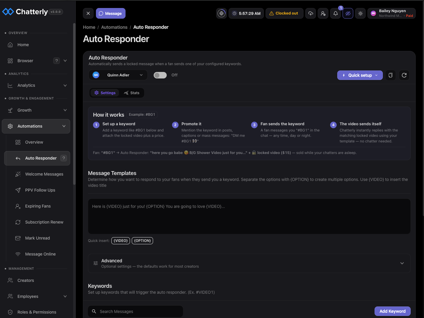 Chatterly Auto Responder settings with message templates and keyword triggers