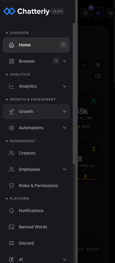 Chatterly running in a mobile browser, showing the agency navigation for analytics, creators, employees, and alerts